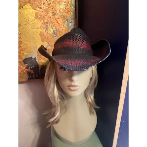 RARE Caribe Golf Perto Rico Vintage Straw Black And Red Cowboy Hat M - Picture 1 of 8
